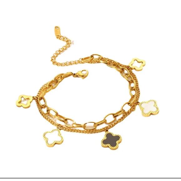 Four Leaf Clover Titanium Steel Gold Plated Double Chain Bracelet 9" - Picture 4 of 6